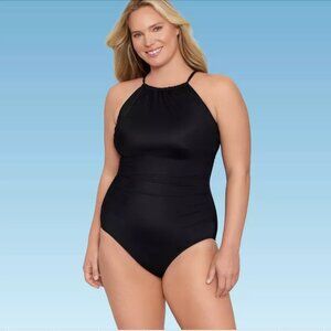NWT $70 Dreamsuit [ 10 ] Slimming Shirred High Neck One Piece Swimsuit Blk #5241